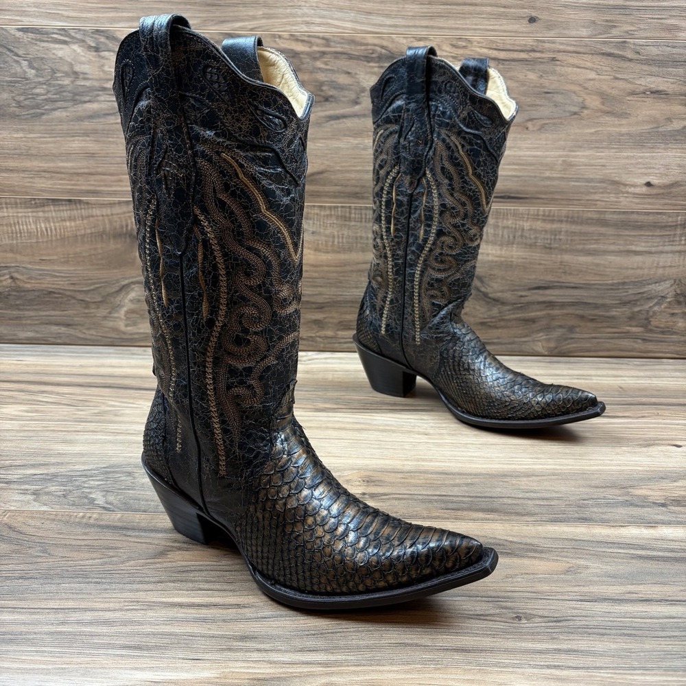 Corral Womens 8 M Black Copper Genuine Python 13" Snip Toe Western Boots C1835